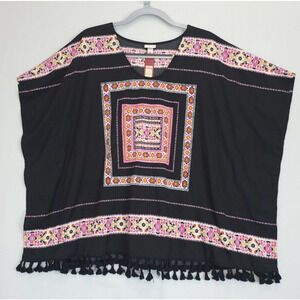 Merona Tasseled Hem Poncho Short Sleeve Tunic Top‎ Black Floral Print Women S